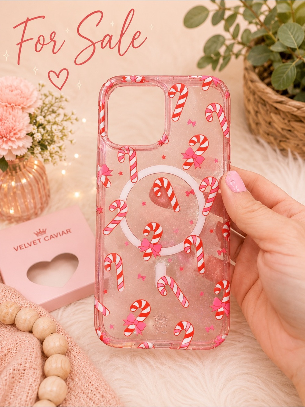 Velvet Caviar Pink Candy Cane Clear iPhone Case with MagSafe Ring